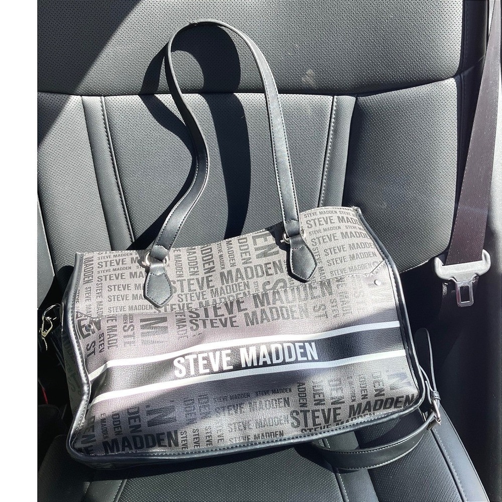 Steve Madden Grey Black All Over Logo Print Tote Bag Double Handle Carryall